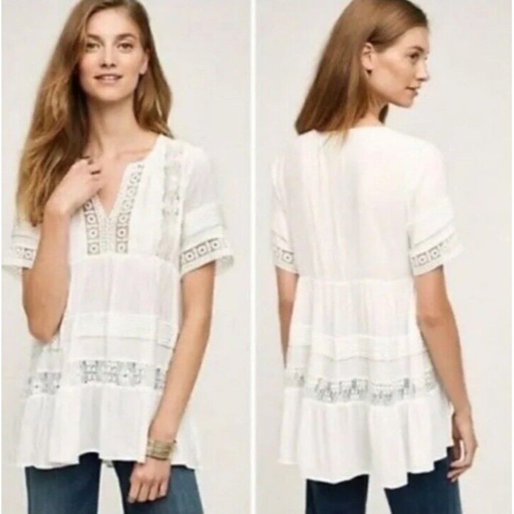 Maeve Blouse XS Petite Womens White Cutout Short Sleeve V Neck Boho Prairie